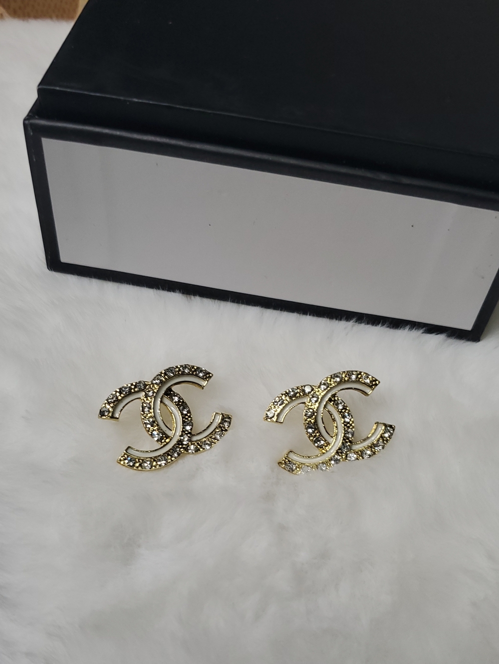 CC Boutique Gold Crystal Interlocking CC Logo Stud Earrings